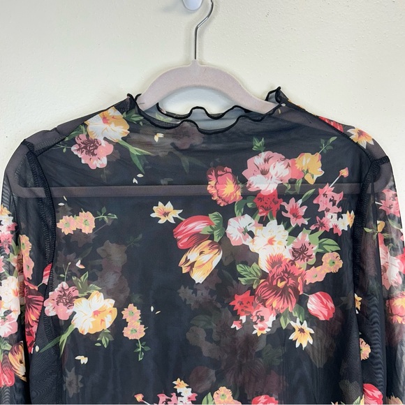 Floral Mesh Long Sleeve L XL Crop Top Black Whimsigoth Fairy Romantic 90s Y2K - Picture 2 of 8